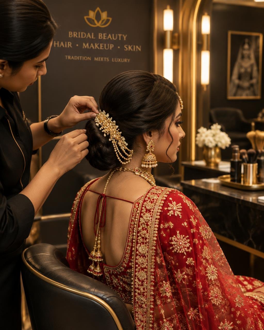 Bridal hair styling with traditional gold jewellery